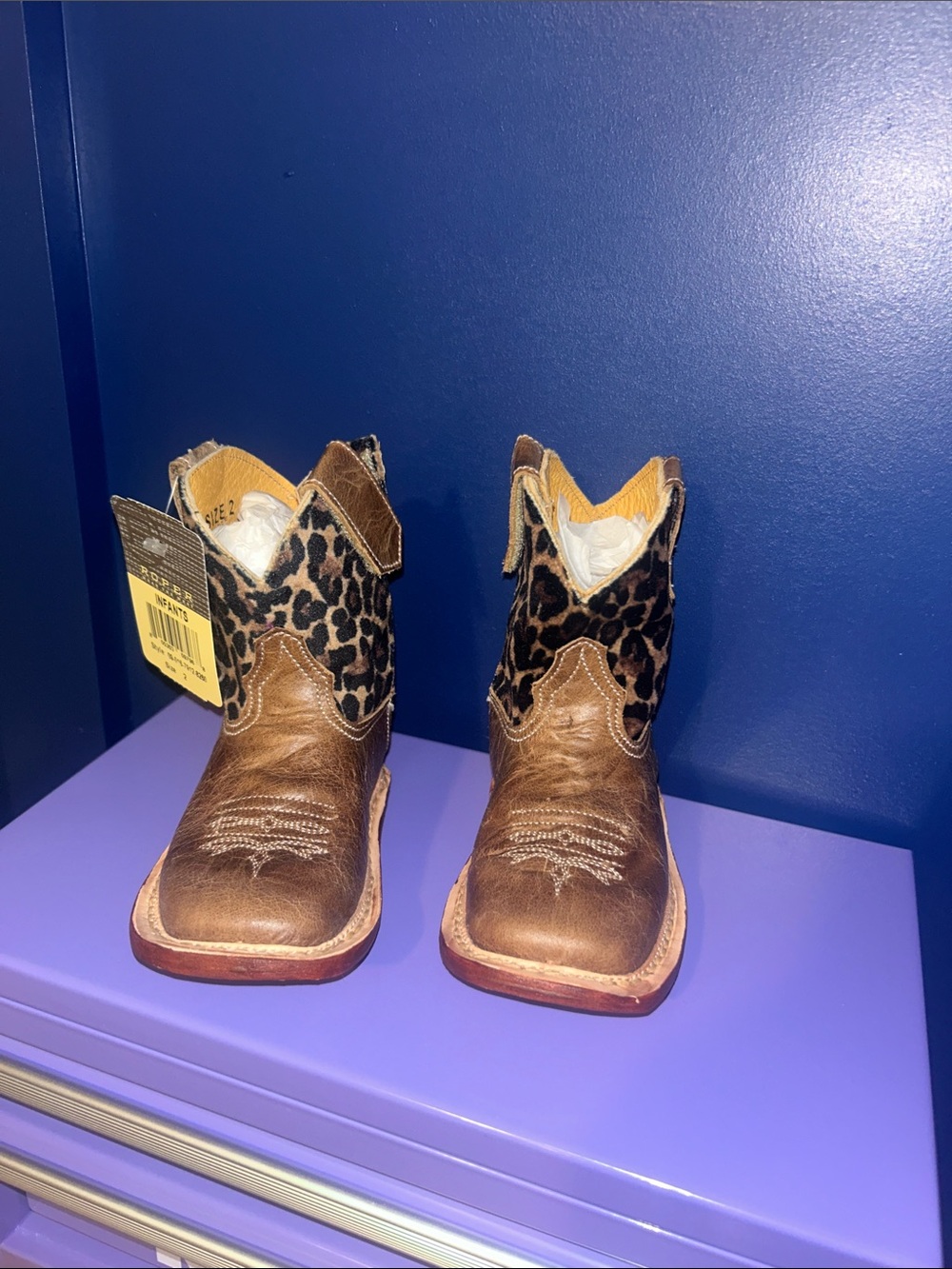Roper Brown Leather Kids Cowboy Boots with Leopard Shaft